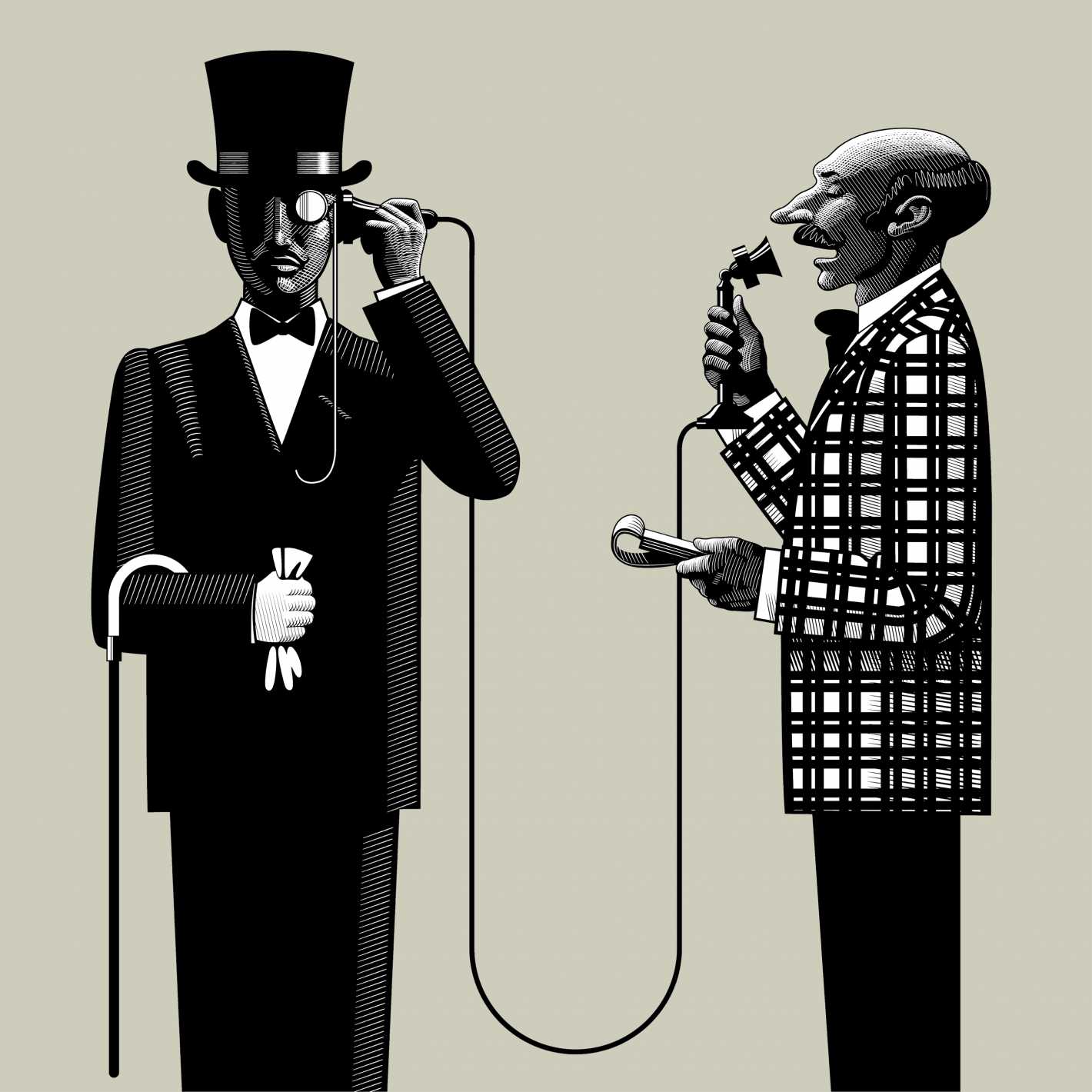 Обложка к статье с двумя мужчинами, говорящими по телефону.